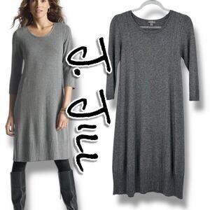 J Jill Grey Wool-Blend Ribbed Hem Sweater Dress Gray Knit Midi Womens Size S
